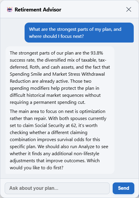 ModelRetirement AI assistant answering a question using the sample plan's 93.8% success rate, account mix, and enabled strategies.
