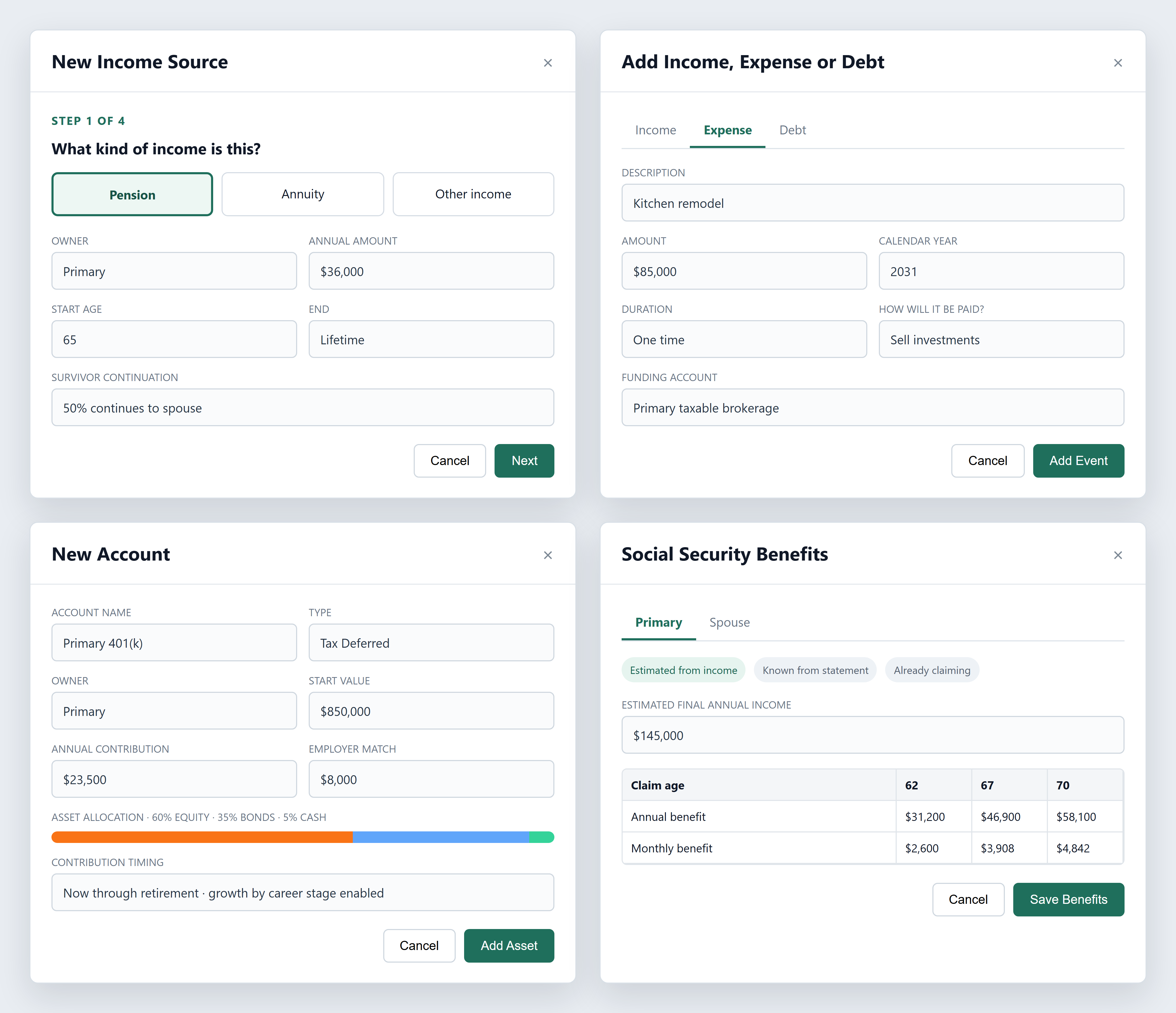 Four ModelRetirement planning dialogs: a pension income wizard, an income expense or debt event editor, a new tax-deferred account editor, and Social Security benefit setup.